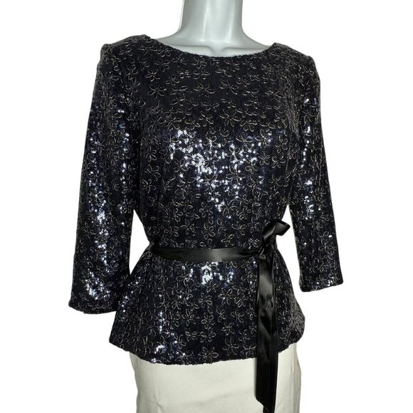 Alex Evenings Navy Blue Sequin Floral Top  3/4 Sleeves Size Small NWT - Picture 5 of 10
